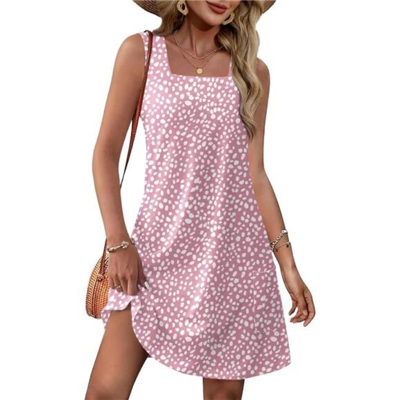 Dresses & Skirts - Pink Womens Square Neck Tank Dresses 2025 Summer Spring Loose Swing Sundresses